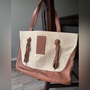 Muxo by Camila Alves Large Leather Woven cotton Tote Hobo Bag Purse linen lining